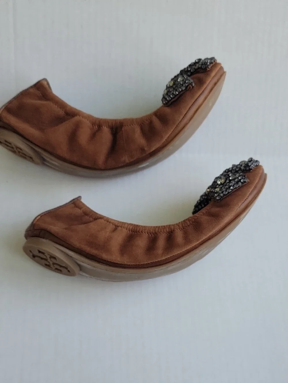 Tory Burch Brown Suede Ballet Flats with Crystal Bow